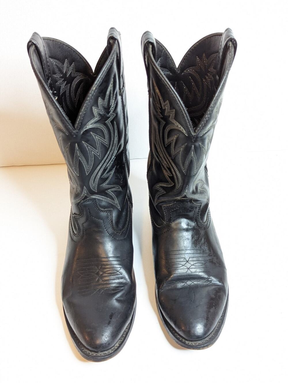 Laredo Black Western Cowboy Leather Boots 4210 White Stitch Design Mens Sz 9 EW
